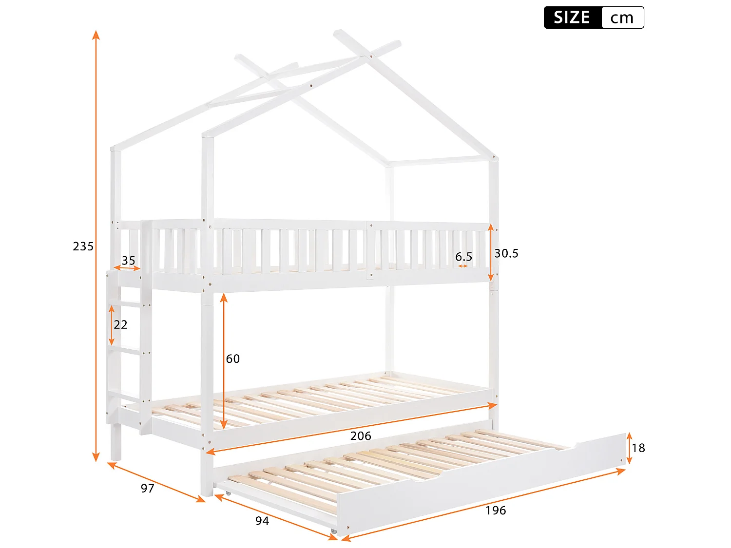 Lit enfant multifonctionnel avec design compact, extensible et en bois de pin massif - blanc