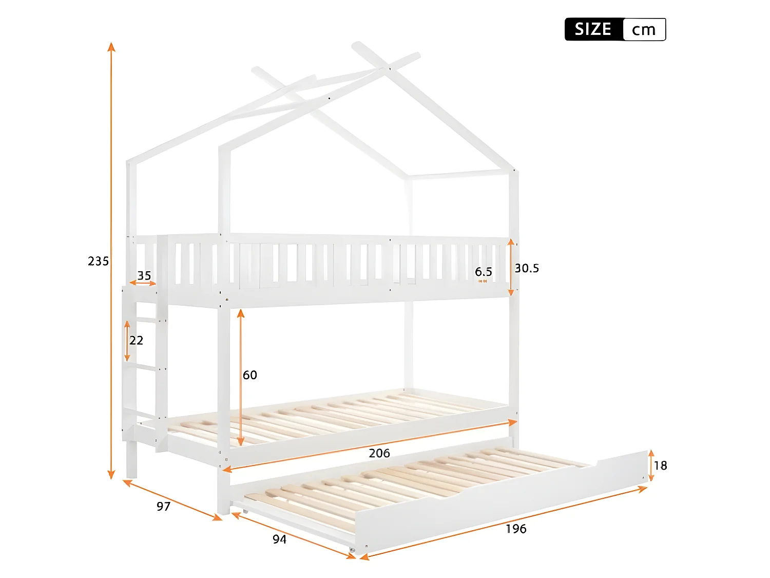 Lit enfant multifonctionnel avec design compact, extensible et en bois de pin massif - blanc