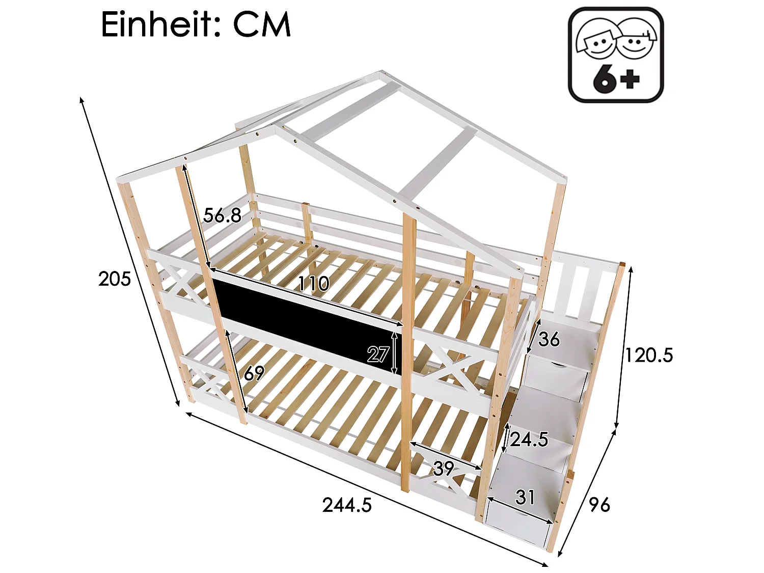Lit pour enfants avec grenier holistique 90 x 200 cm blanc