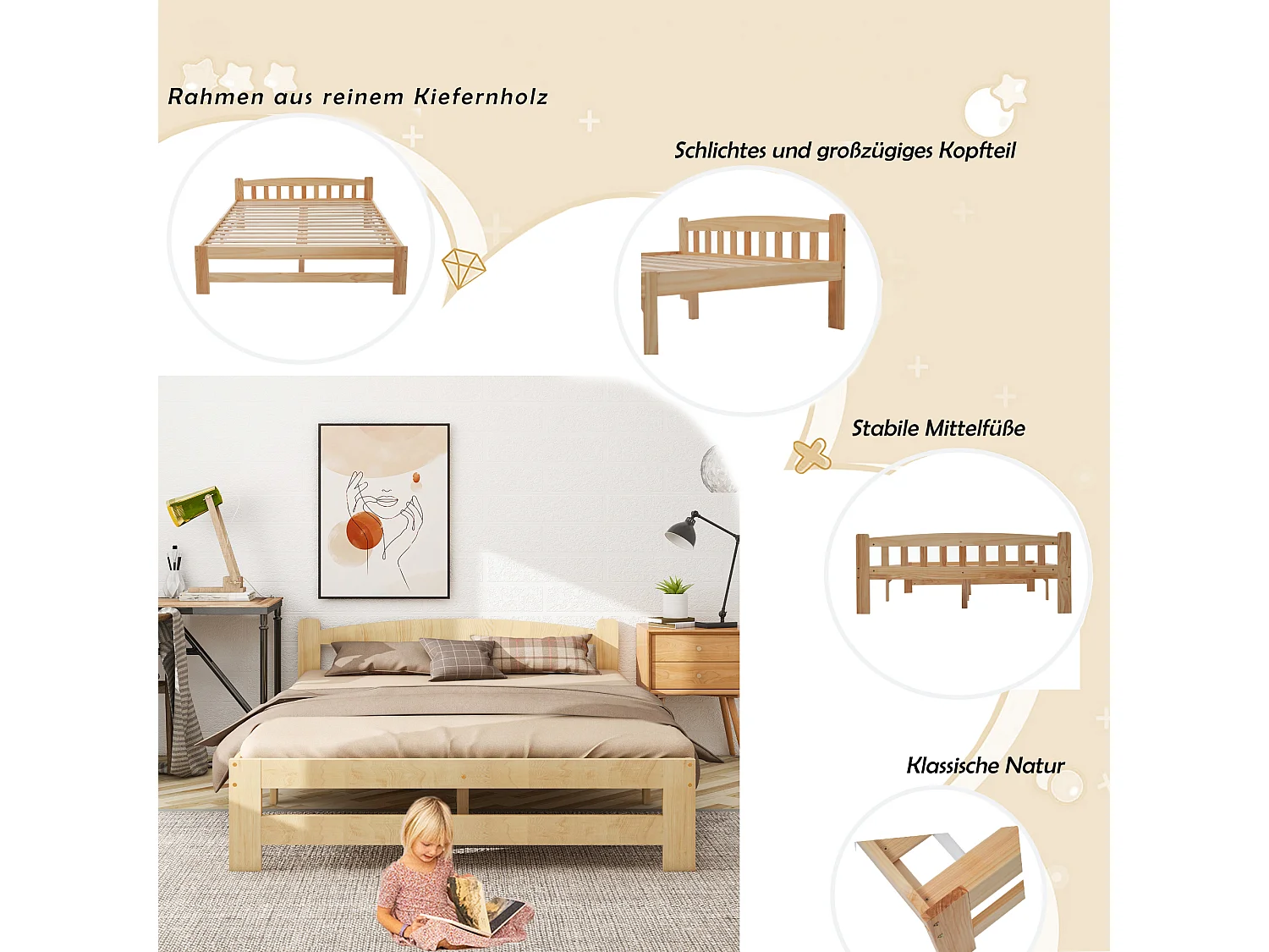 Cama de madera maciza, cama doble, natural, 140x200 cm