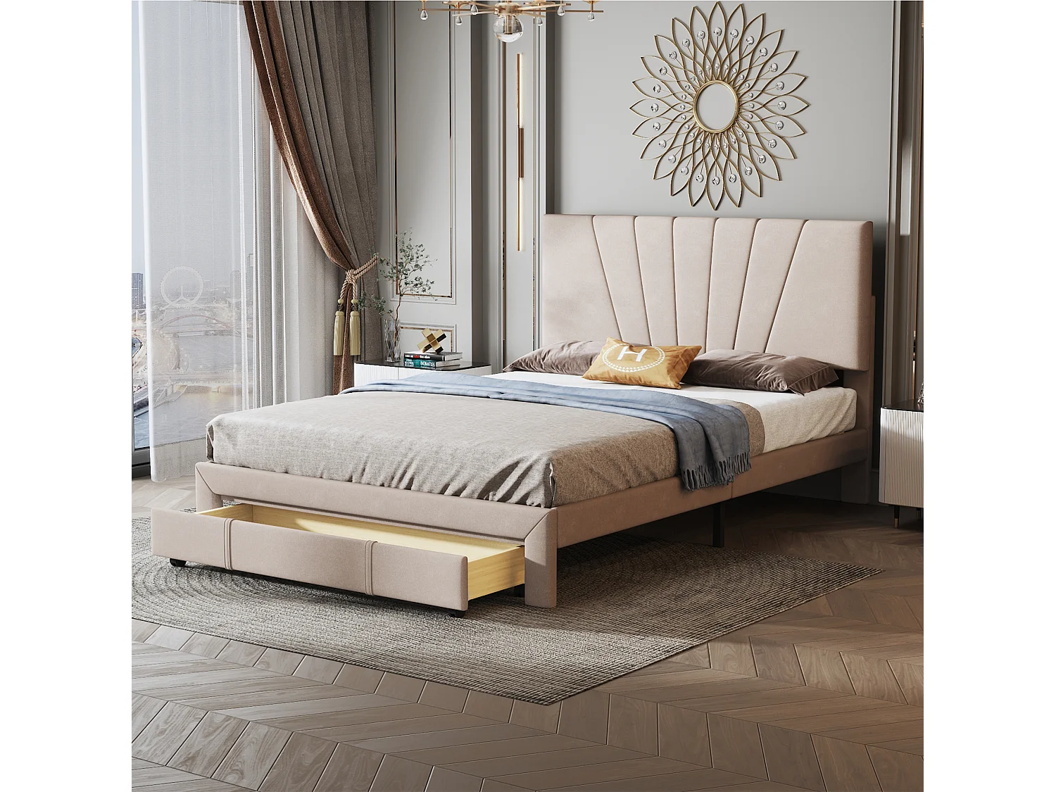 Lit rembourré 140 x 200 cm avec sommier à lattes, beige