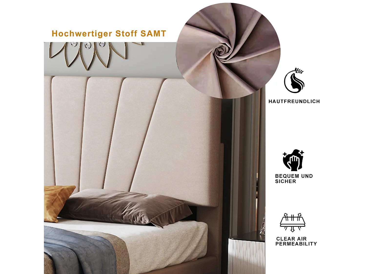 Lit rembourré 140 x 200 cm avec sommier à lattes, beige