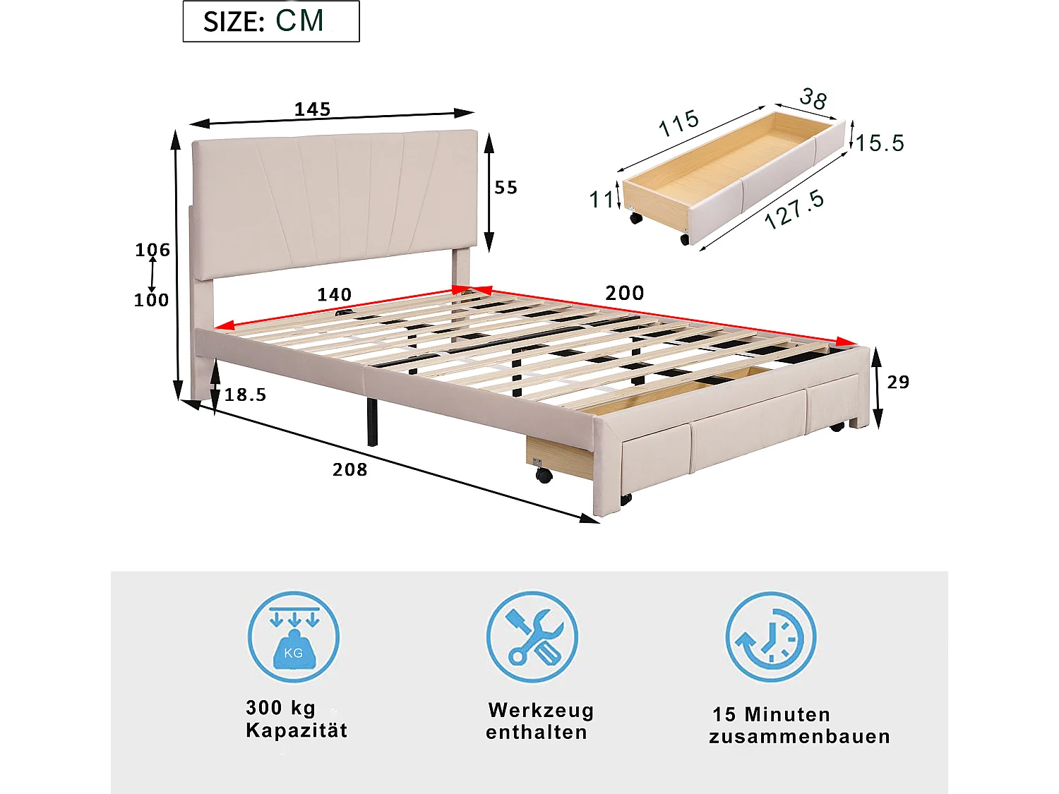 Lit rembourré 140 x 200 cm avec sommier à lattes, beige