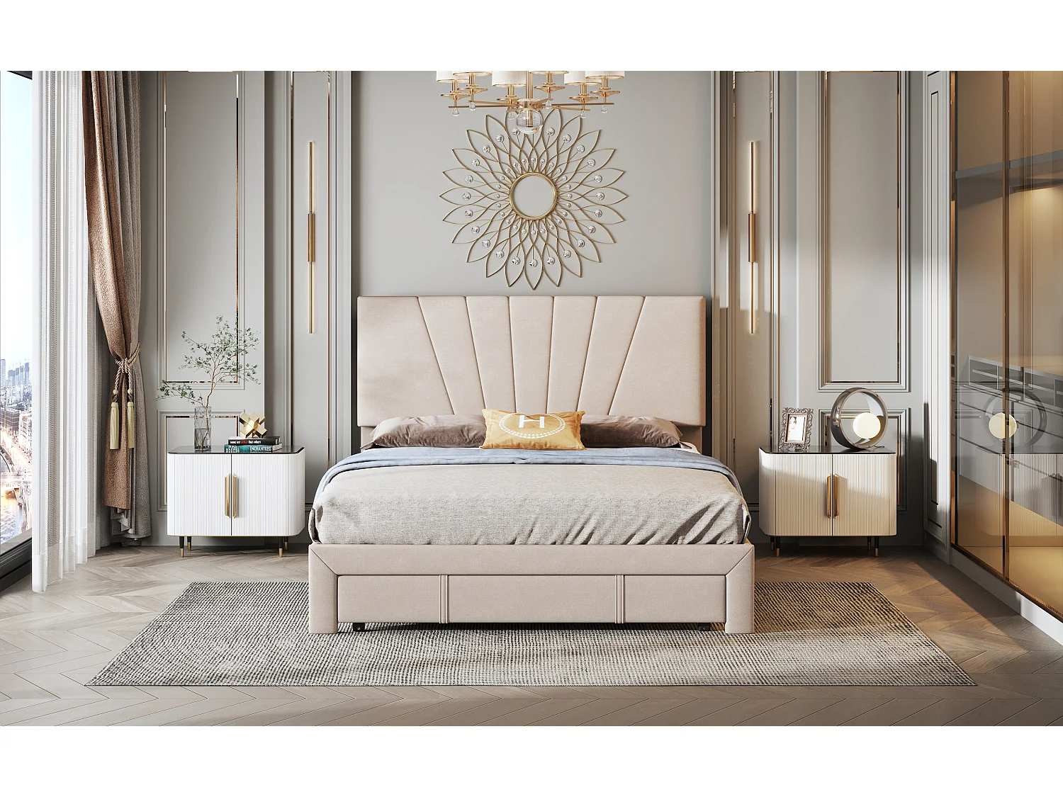 Lit rembourré 140 x 200 cm avec sommier à lattes, beige