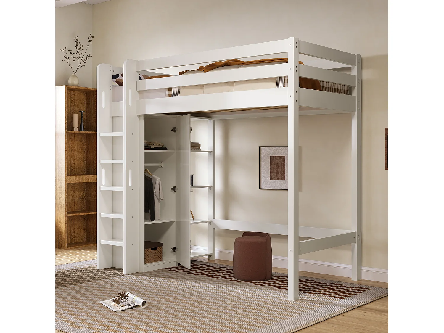 Lit enfant avec mezzanine, armoire et 6 étagères, lit simple 90x200 cm - 208x110x186 (lxlxh), blanc