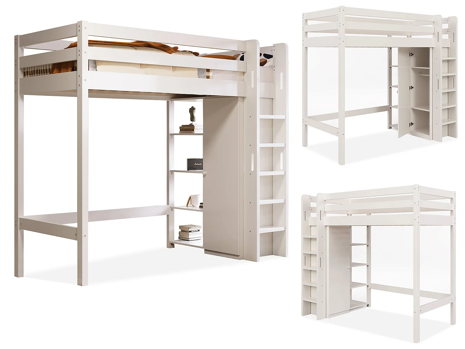 Lit enfant avec mezzanine, armoire et 6 étagères, lit simple 90x200 cm - 208x110x186 (lxlxh), blanc