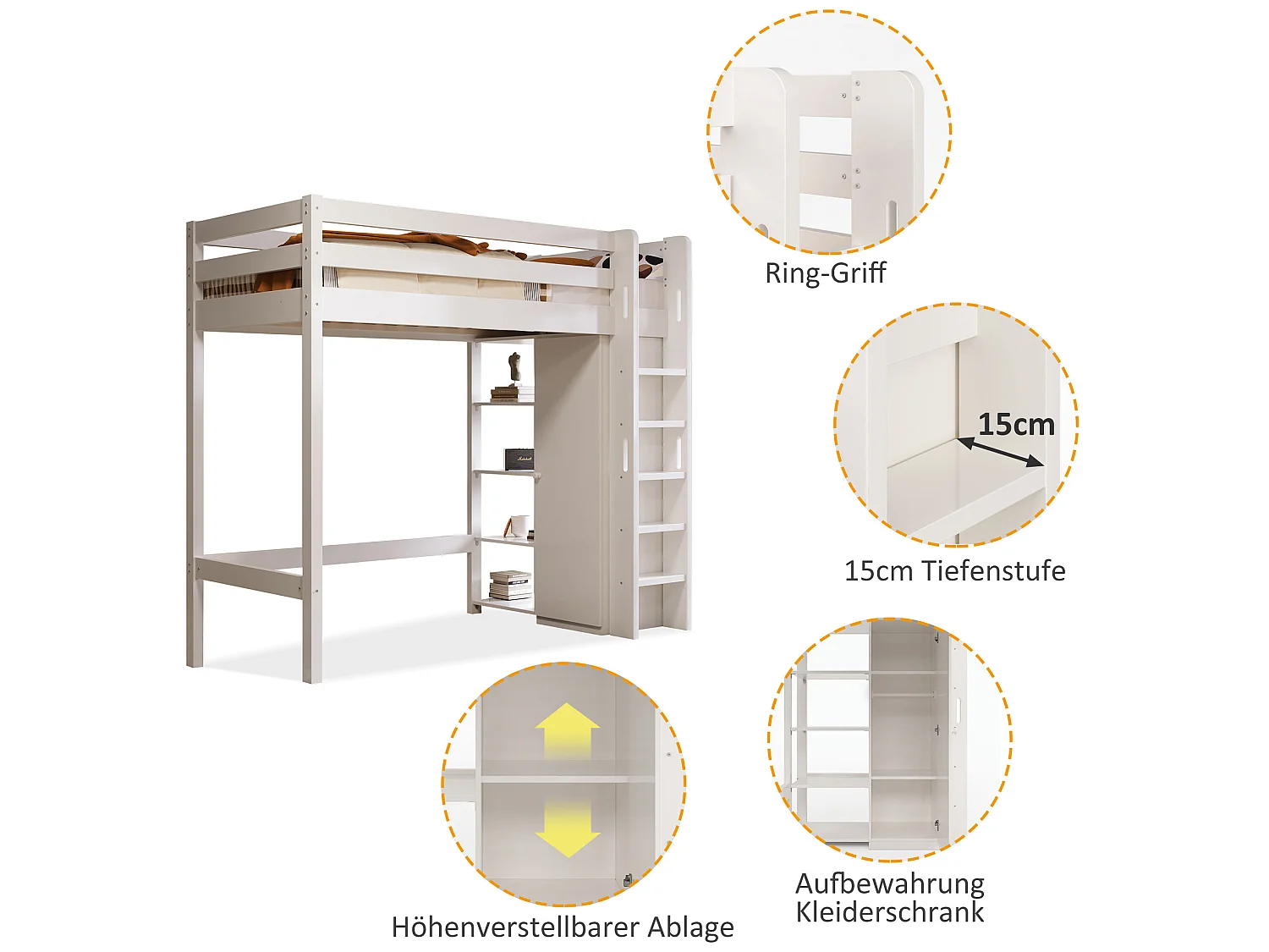 Lit enfant avec mezzanine, armoire et 6 étagères, lit simple 90x200 cm - 208x110x186 (lxlxh), blanc