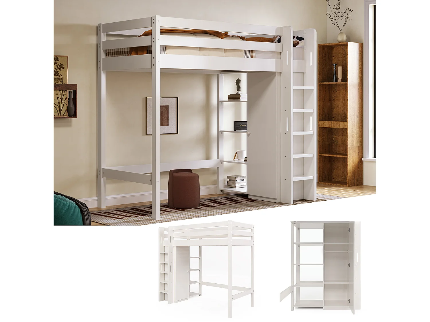 Lit enfant avec mezzanine, armoire et 6 étagères, lit simple 90x200 cm - 208x110x186 (lxlxh), blanc
