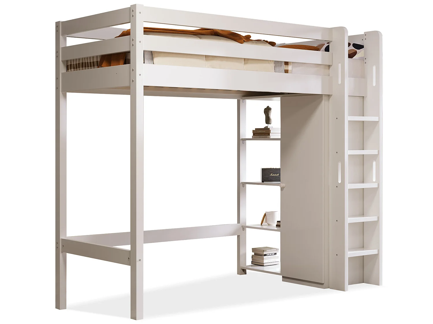 Lit enfant avec mezzanine, armoire et 6 étagères, lit simple 90x200 cm - 208x110x186 (lxlxh), blanc