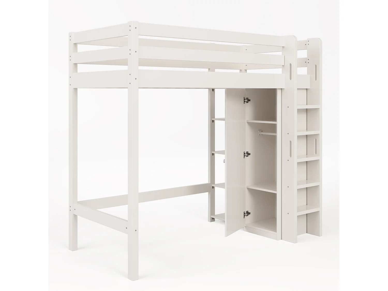 Lit enfant avec mezzanine, armoire et 6 étagères, lit simple 90x200 cm - 208x110x186 (lxlxh), blanc