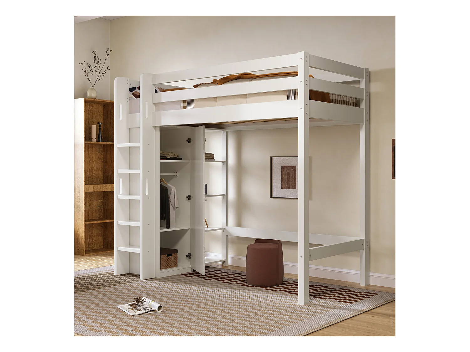 Kinderbed met vide, kledingkast en 6 planken, eenpersoonsbed 90x200 cm - 208x110x186 (lxbxh), wit