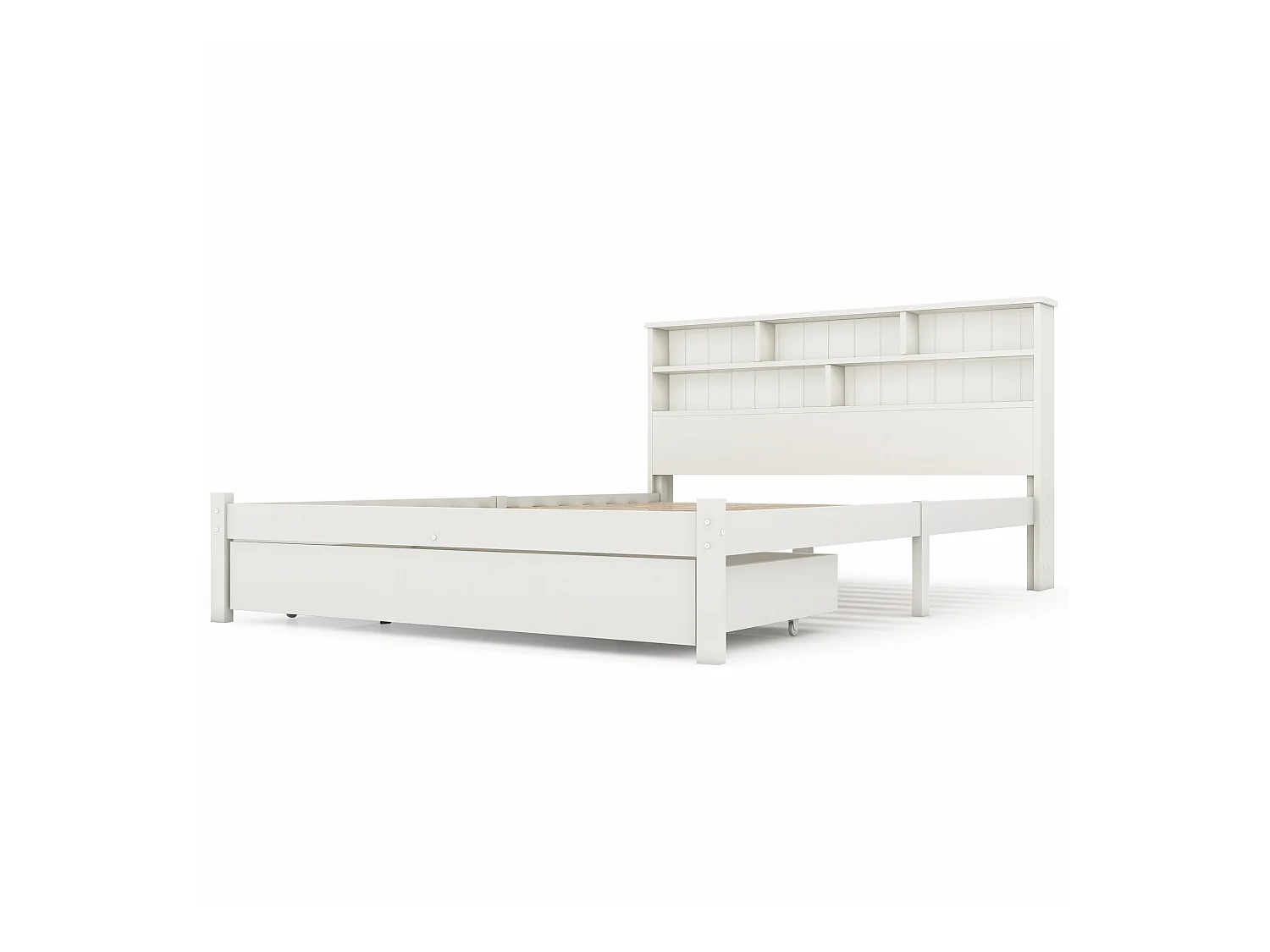 Lit double en bois massif avec tiroirs et sommier à lattes, 140x200cm blanc