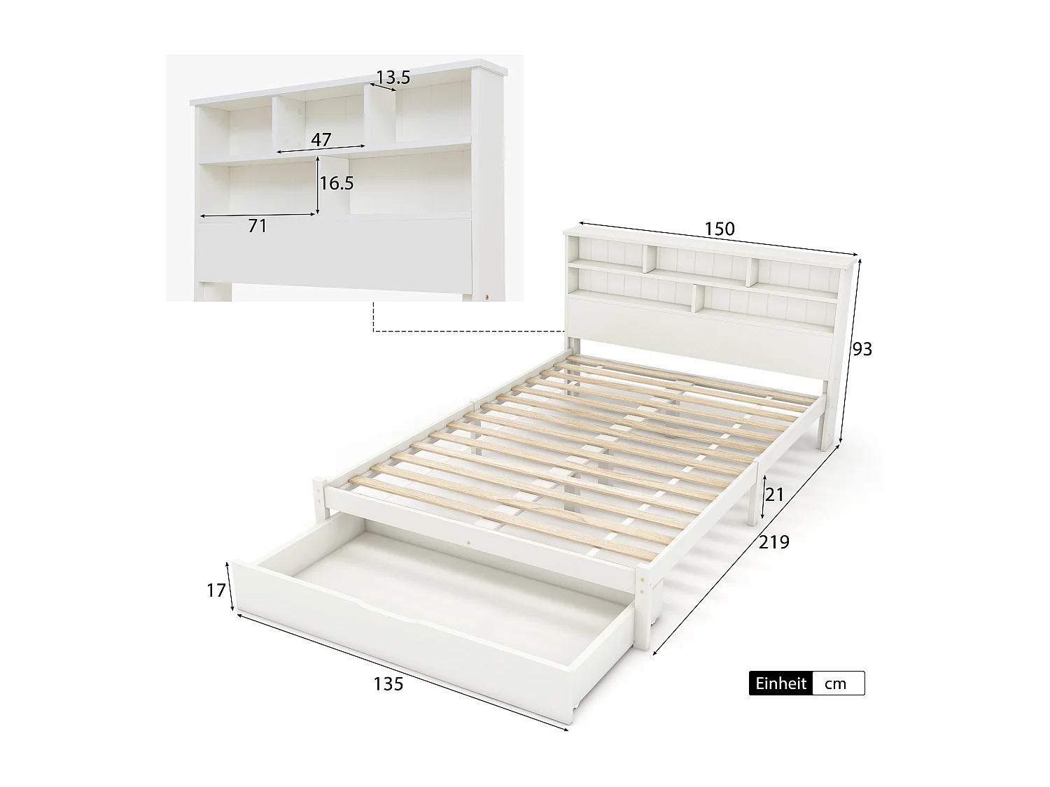 Lit double en bois massif avec tiroirs et sommier à lattes, 140x200cm blanc