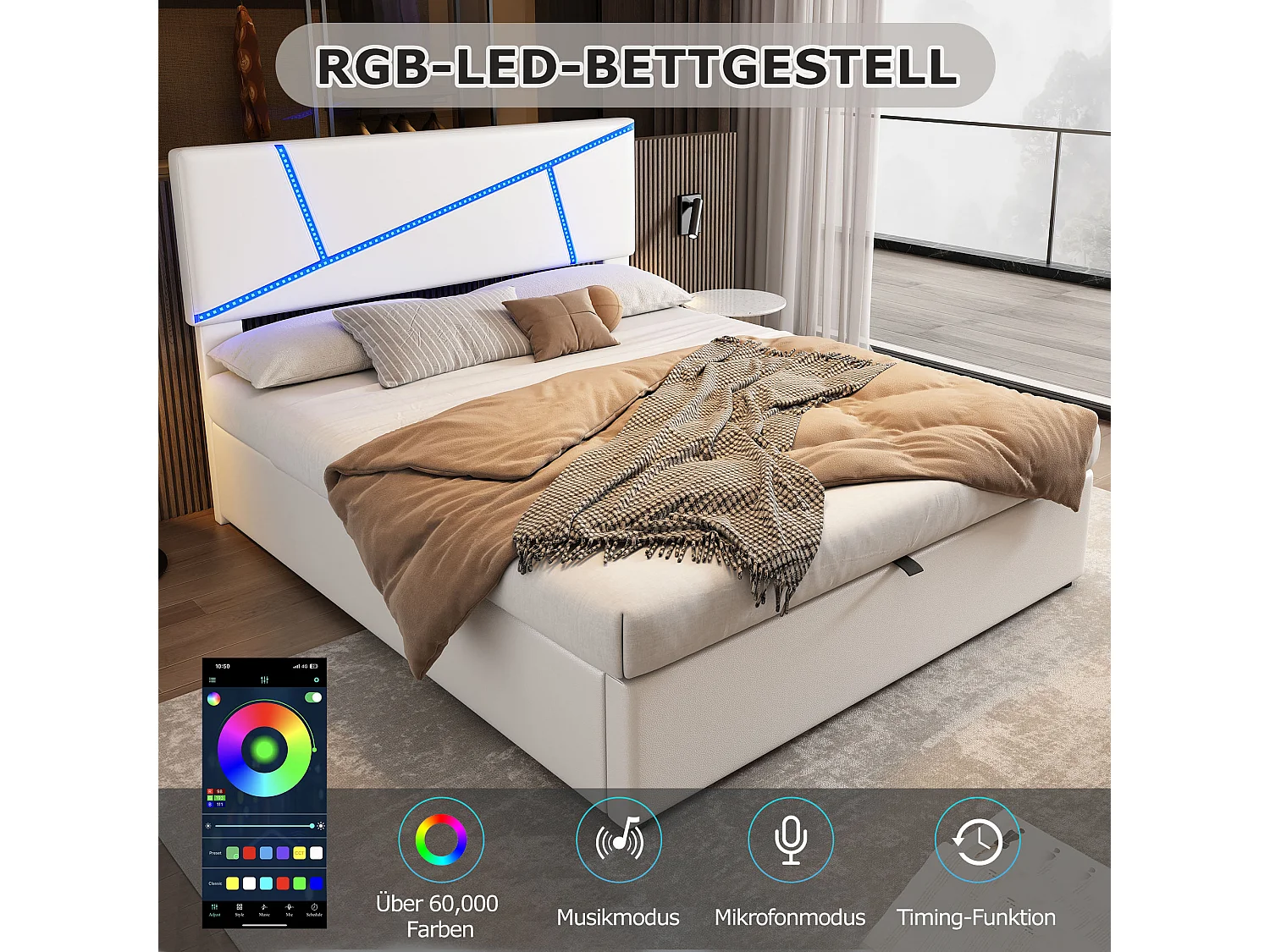 Comfortabel bed met LED-lichtstrip, 160*200 cm, wit