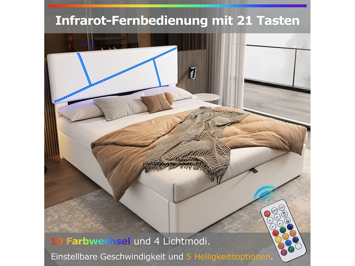 Comfortabel bed met LED-lichtstrip, 160*200 cm, wit