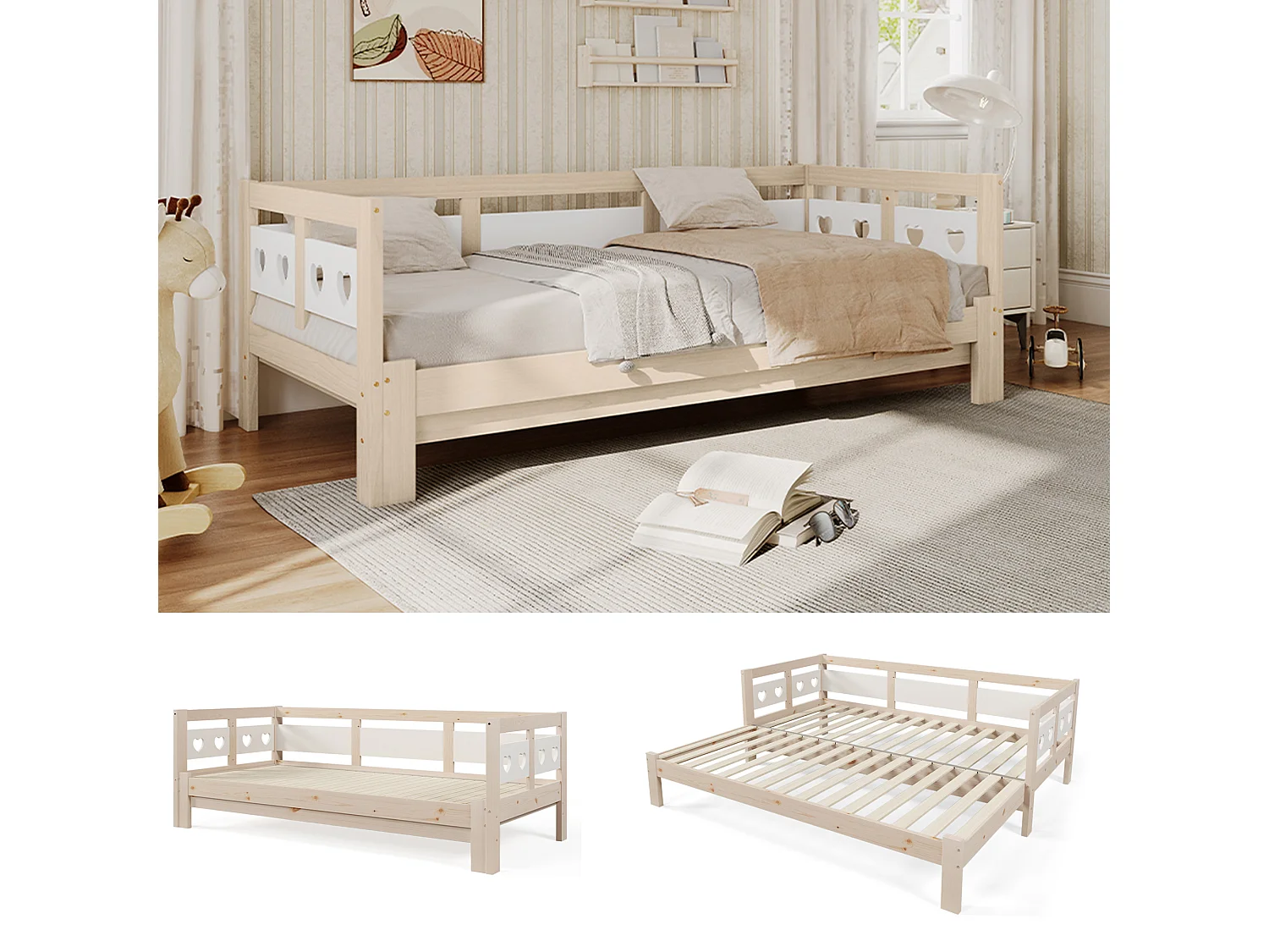 Tumbona en forma de corazón, cama nido de pino macizo, blanco y natural