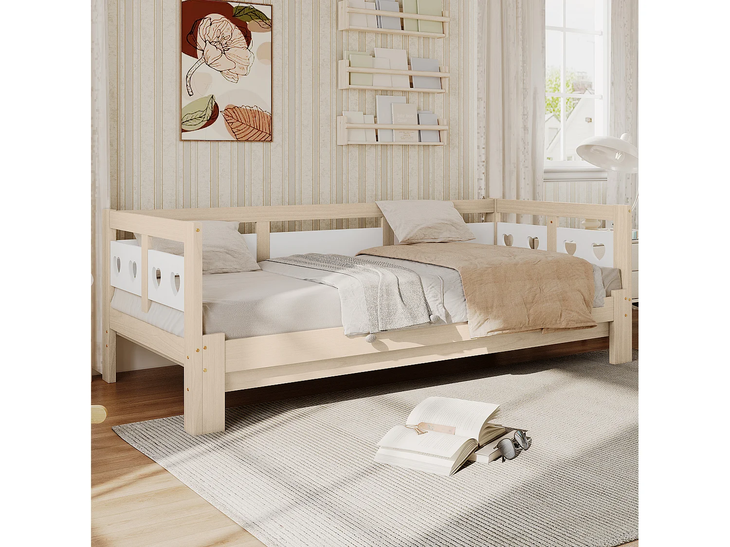 Tumbona en forma de corazón, cama nido de pino macizo, blanco y natural