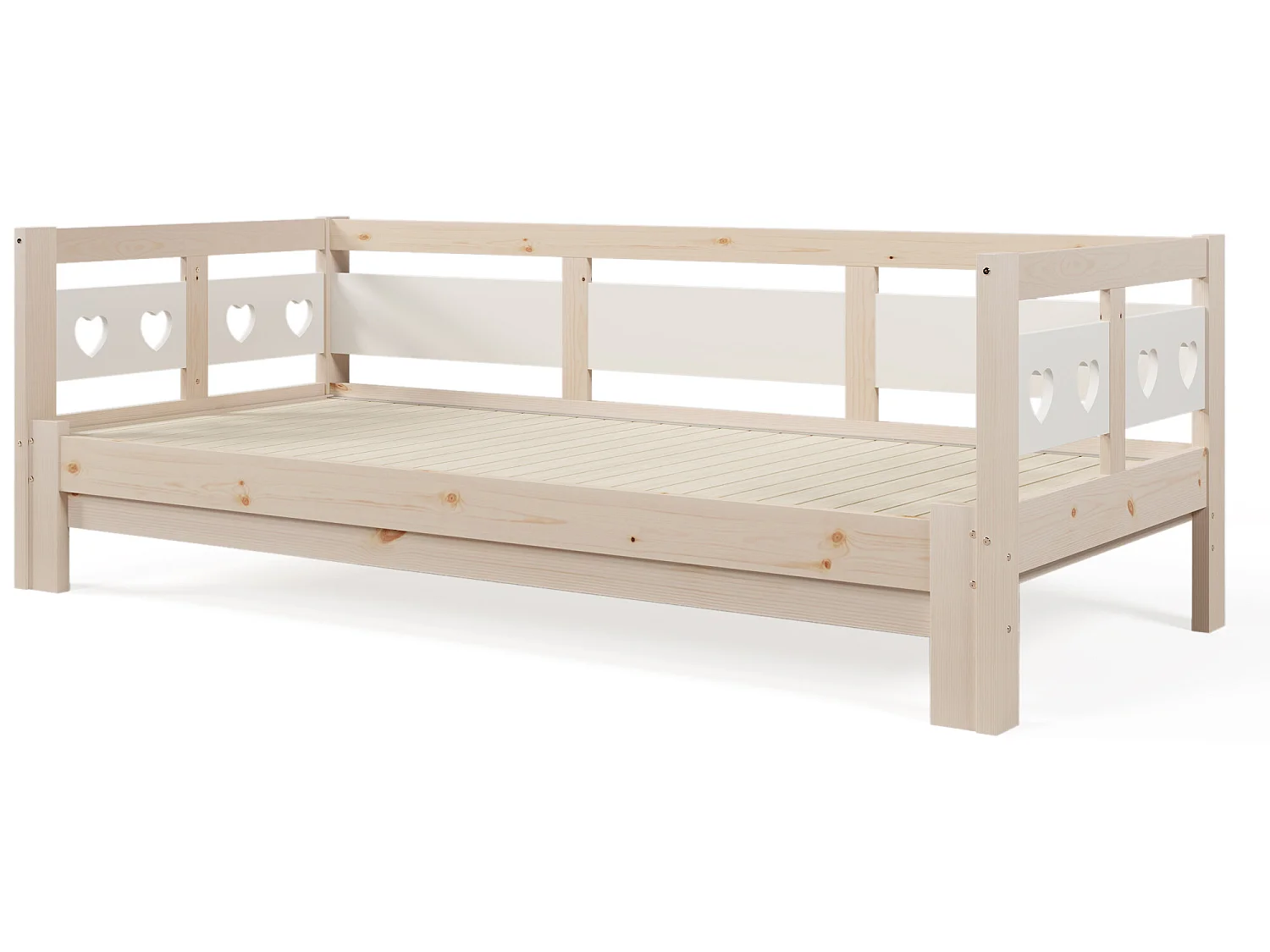 Tumbona en forma de corazón, cama nido de pino macizo, blanco y natural