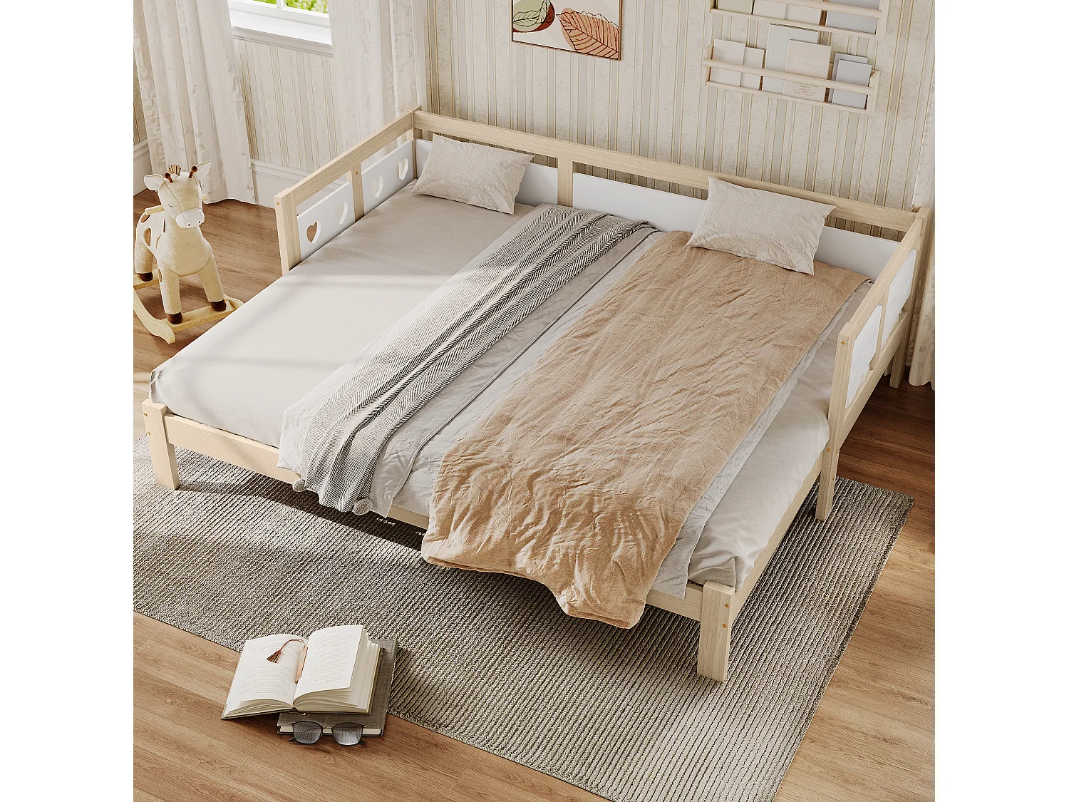 Tumbona en forma de corazón, cama nido de pino macizo, blanco y natural