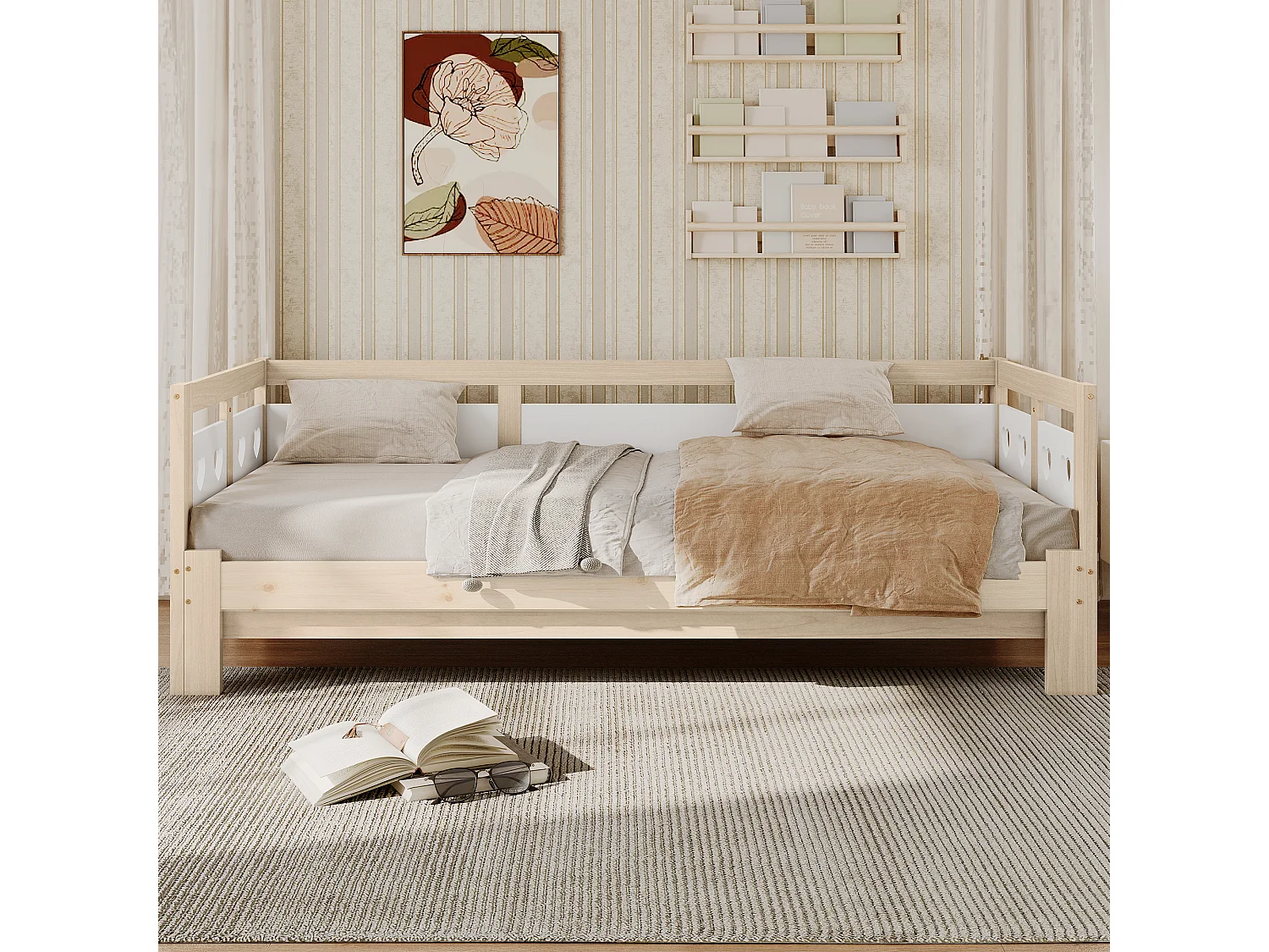 Tumbona en forma de corazón, cama nido de pino macizo, blanco y natural