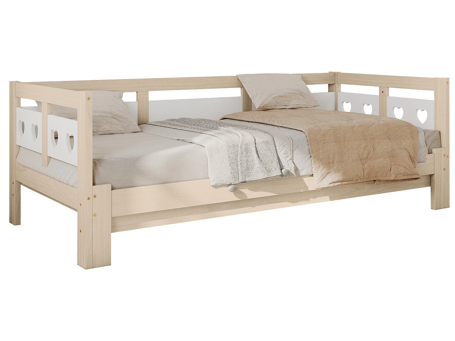 Tumbona en forma de corazón, cama nido de pino macizo, blanco y natural