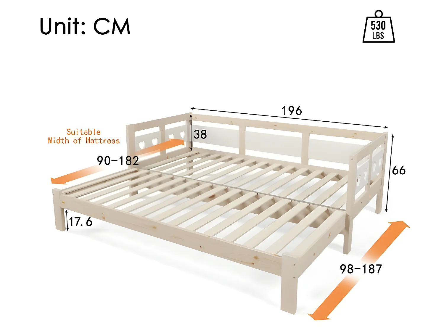 Tumbona en forma de corazón, cama nido de pino macizo, blanco y natural