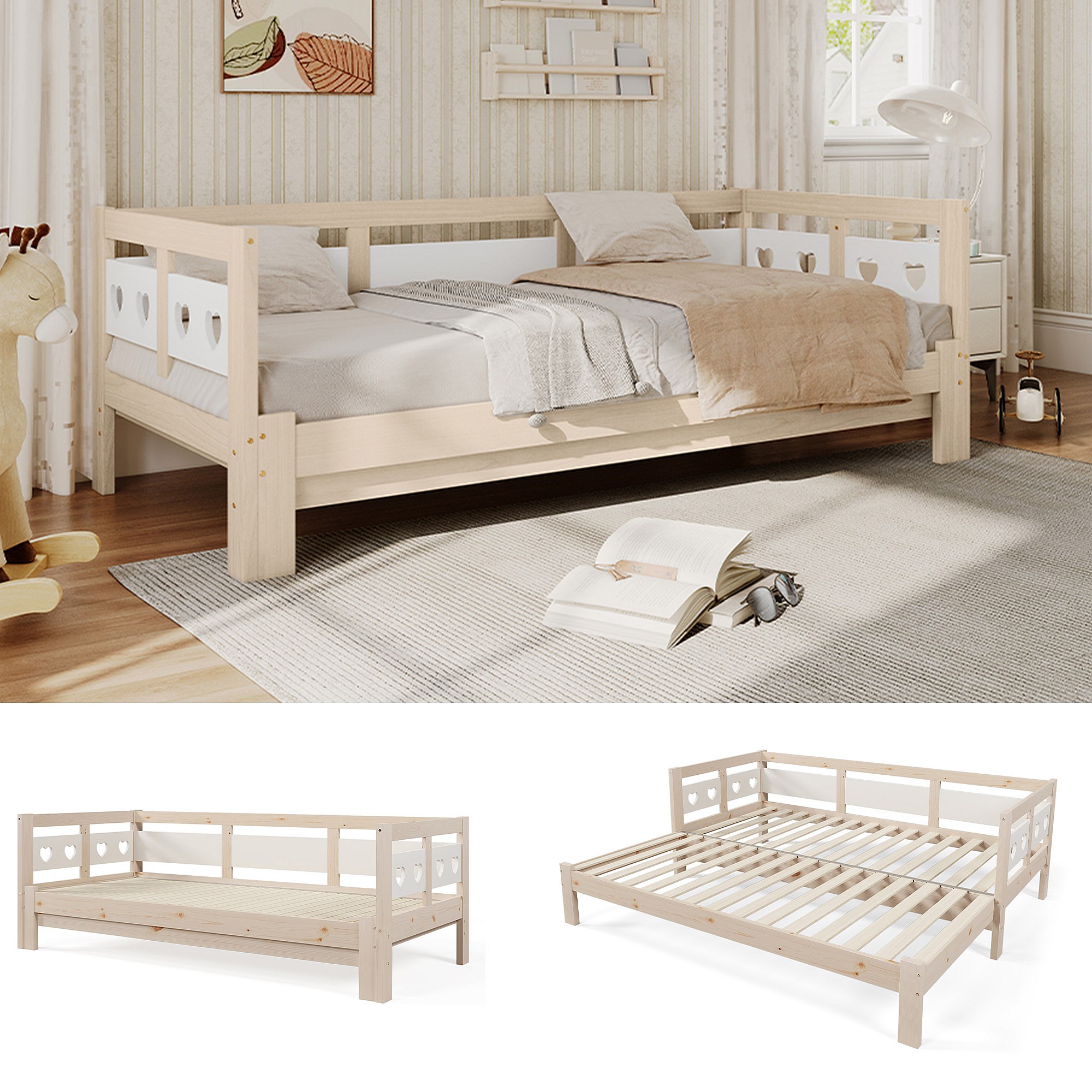 Letto Singolo 90x190 Cm Bianco Ed Effetto Rovere Naturale Con Testata Struttura A Vani E Letto Estraibile Kygo