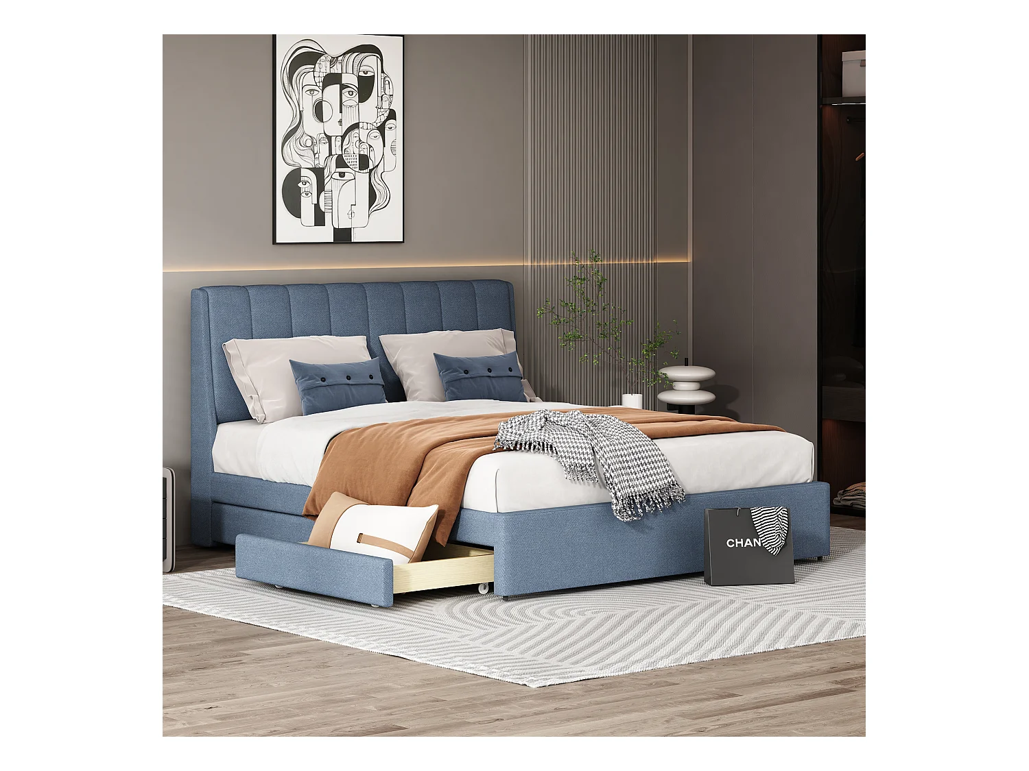 Tweepersoonsbed met lades en lattenbodem, blauw 140 x 200 cm