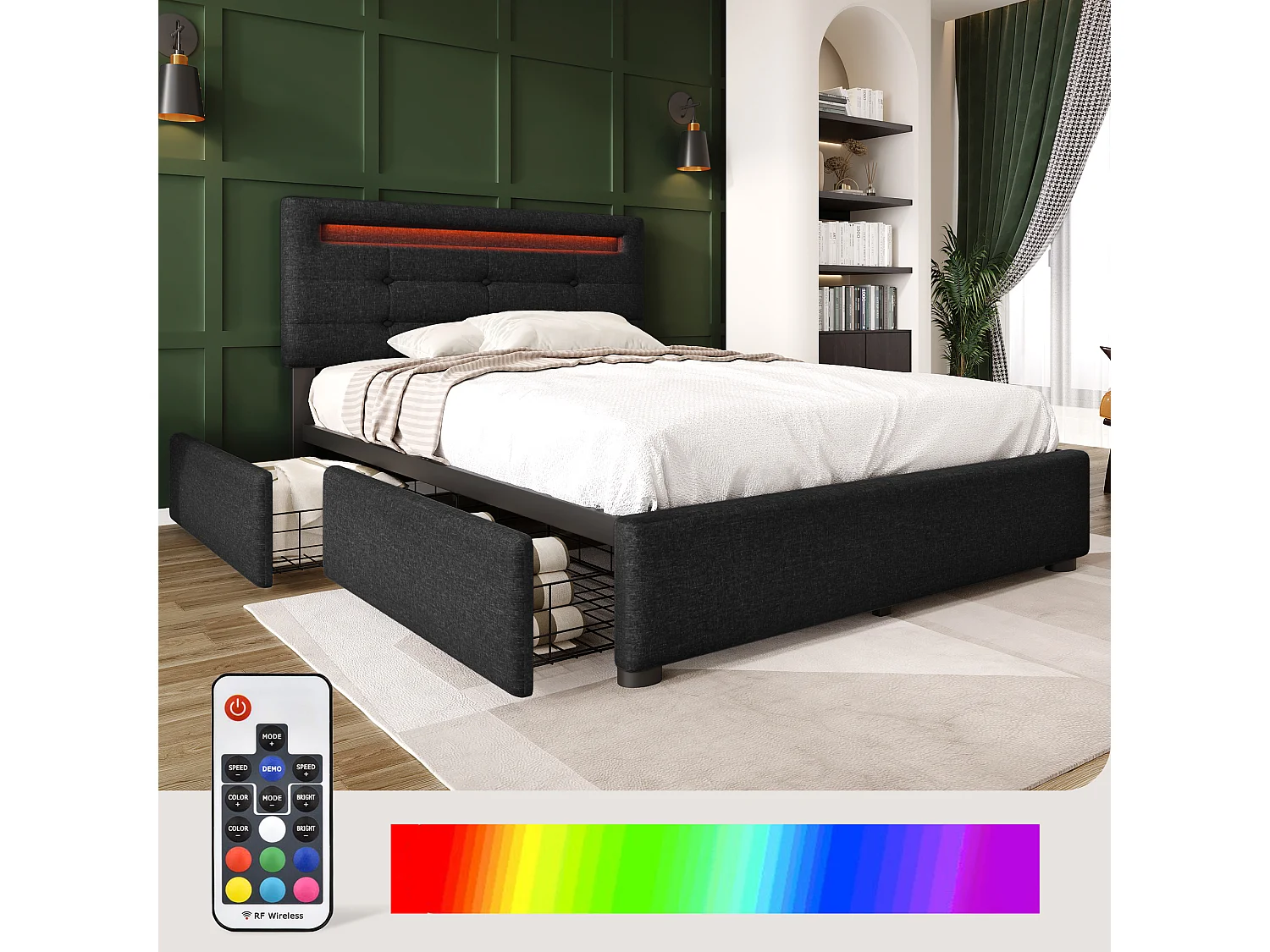 Bed met LED-verlichting, 2 lades en matras inbegrepen, 90x200cm, zwart