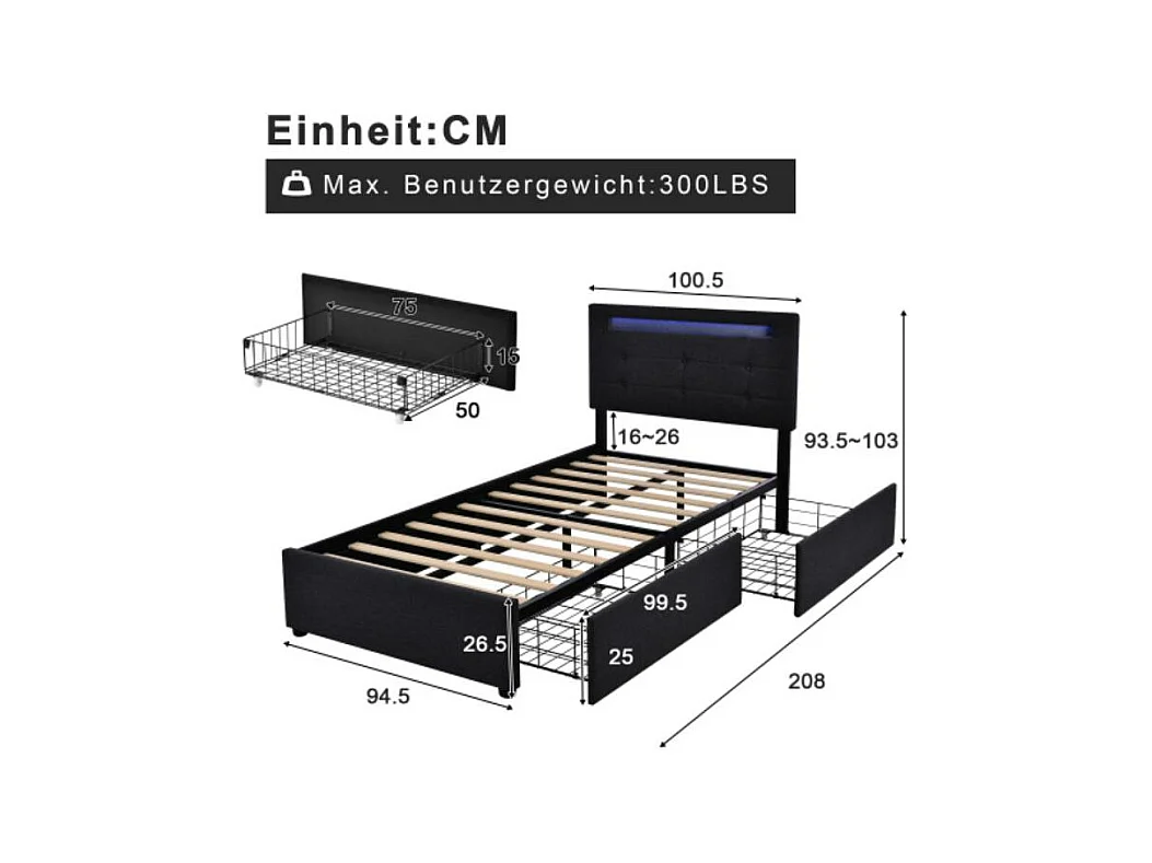 Bed met LED-verlichting, 2 lades en matras inbegrepen, 90x200cm, zwart