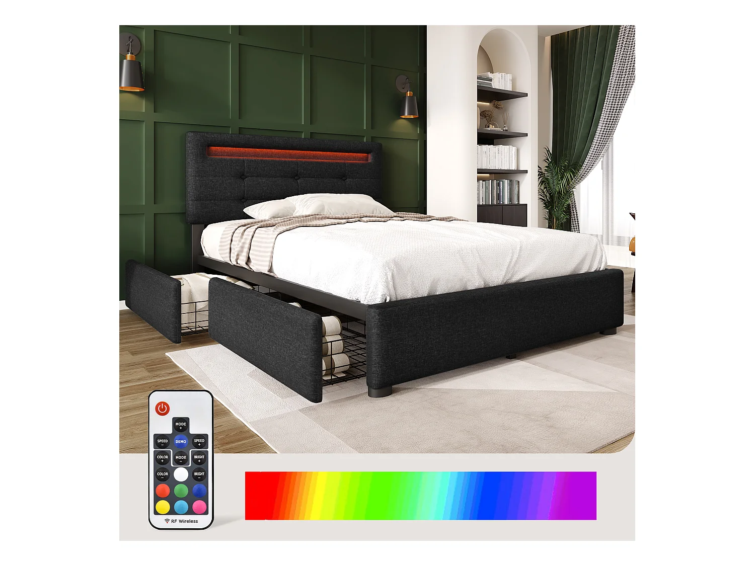 Bed met LED-verlichting, 2 lades en matras inbegrepen, 90x200cm, zwart