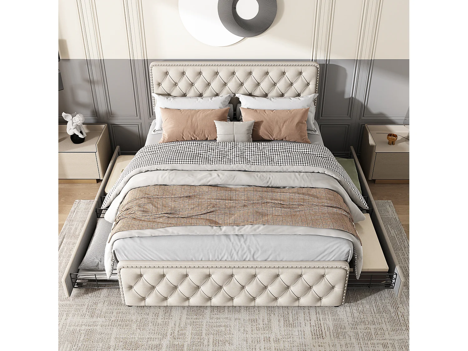 Lit double avec quatre tiroirs, tête de lit réglable en hauteur, beige