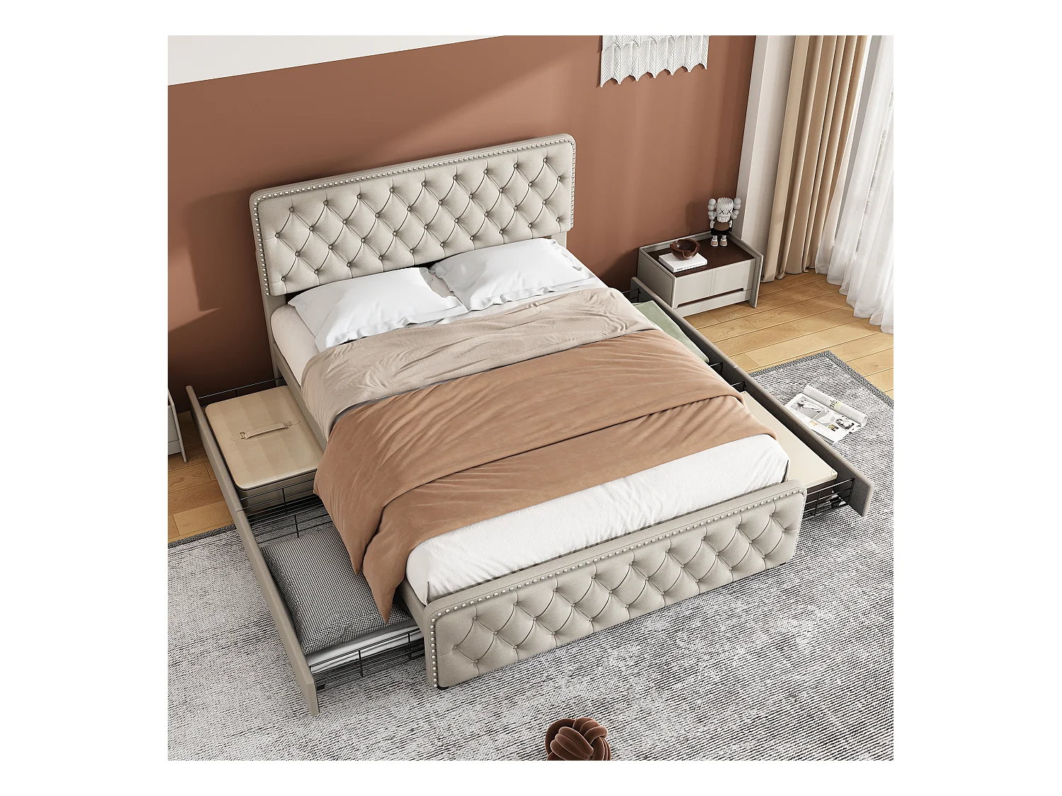 Lit double avec quatre tiroirs, tête de lit réglable en hauteur, beige