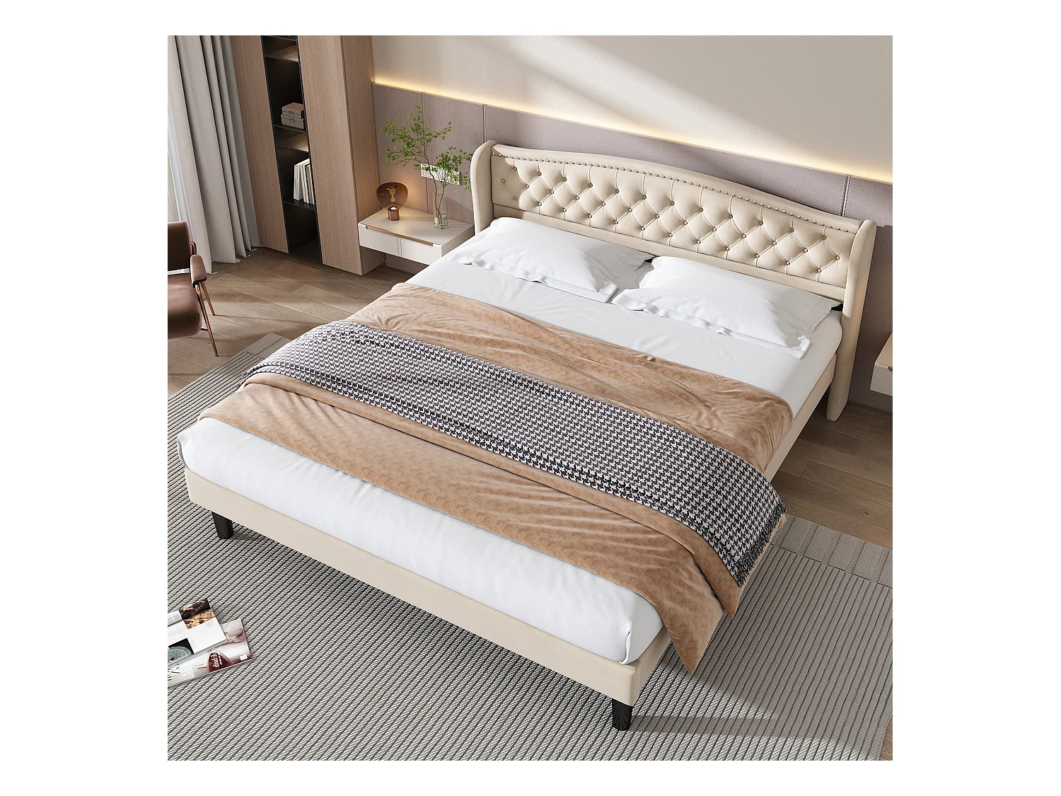 Fluwelen bed met elegant hoofdeinde, 160*200cm, knoopdecor en massief houten panelen, beige