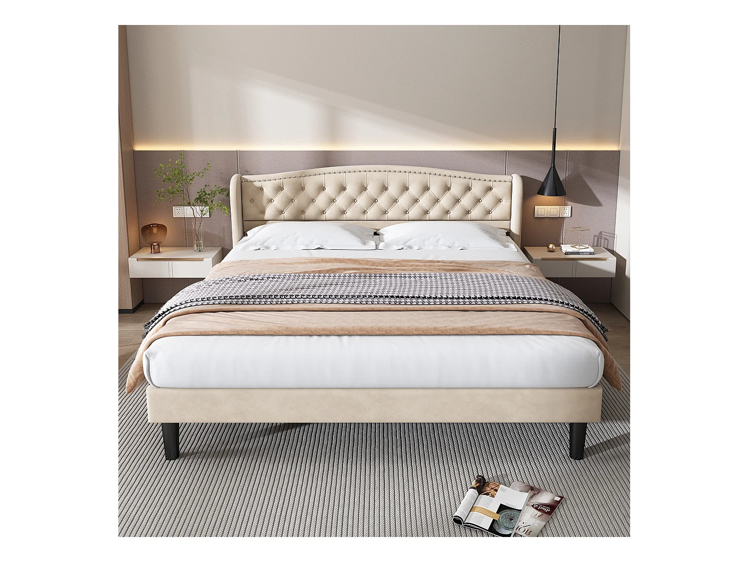 Lit en velours avec une tête de lit élégante, 160*200cm, décor boutonné et panneaux en bois solides, beige