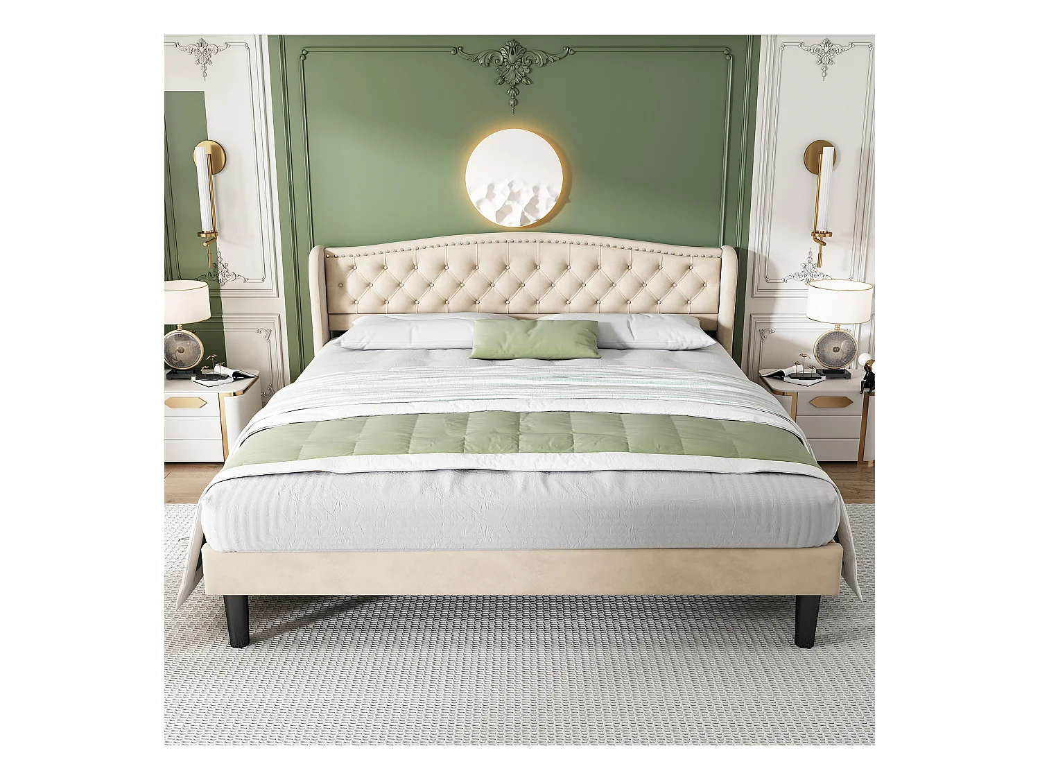 Lit en velours avec une tête de lit élégante, 160*200cm, décor boutonné et panneaux en bois solides, beige