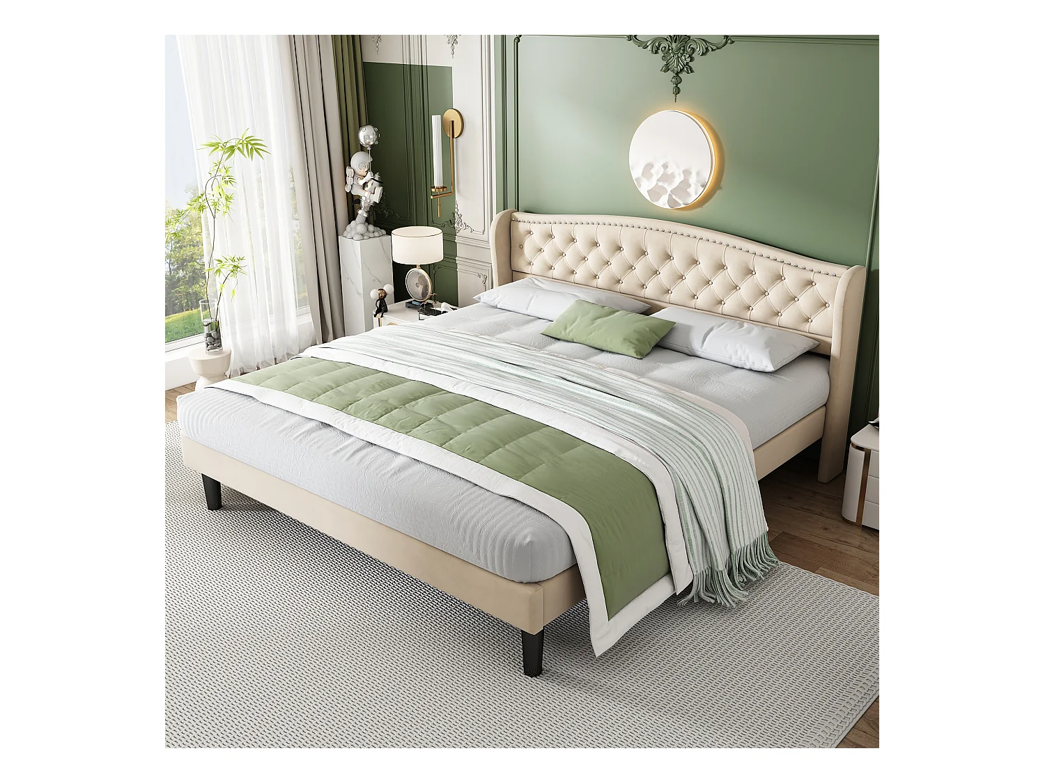 Lit en velours avec une tête de lit élégante, 160*200cm, décor boutonné et panneaux en bois solides, beige