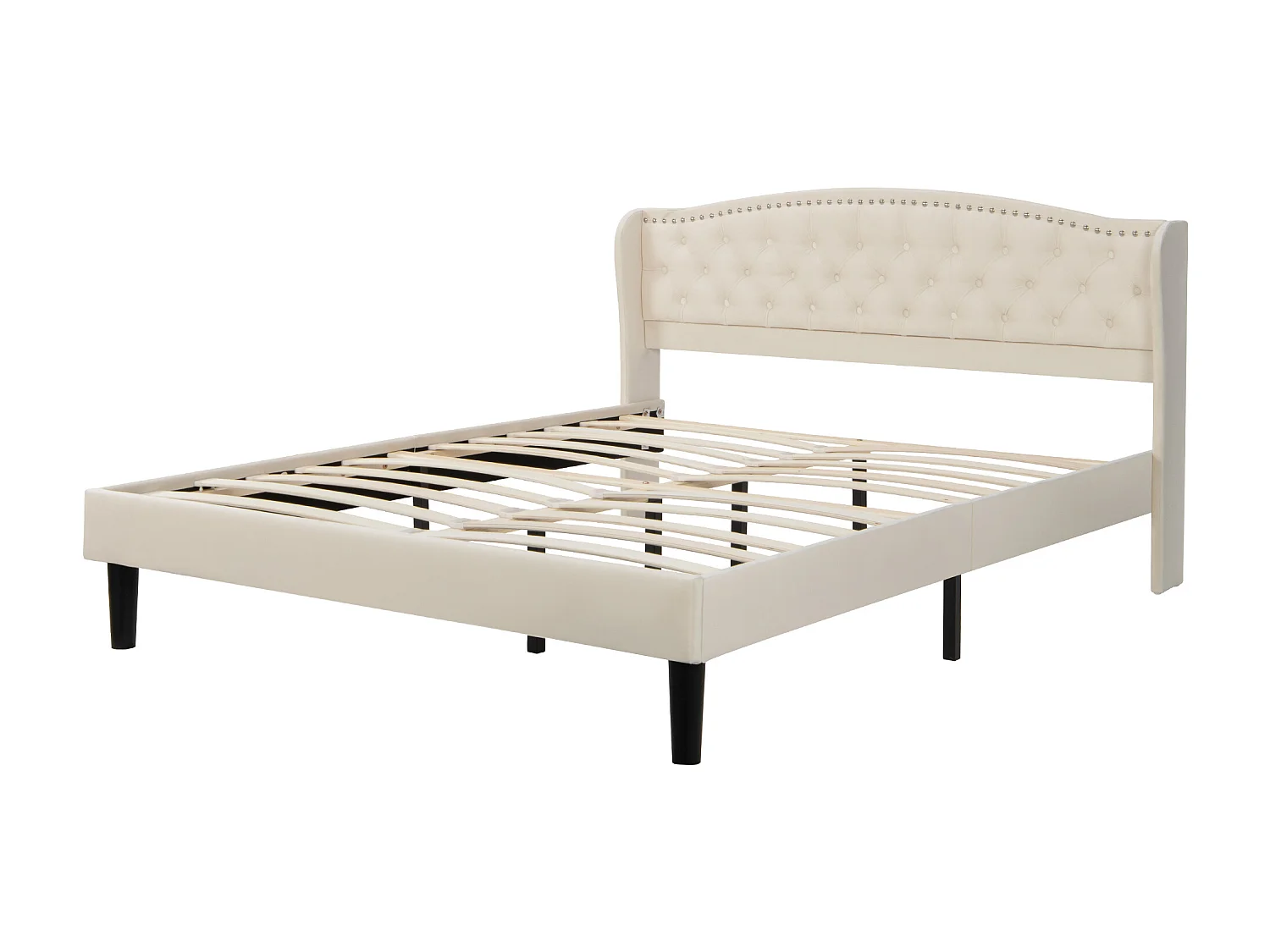 Lit en velours avec une tête de lit élégante, 160*200cm, décor boutonné et panneaux en bois solides, beige