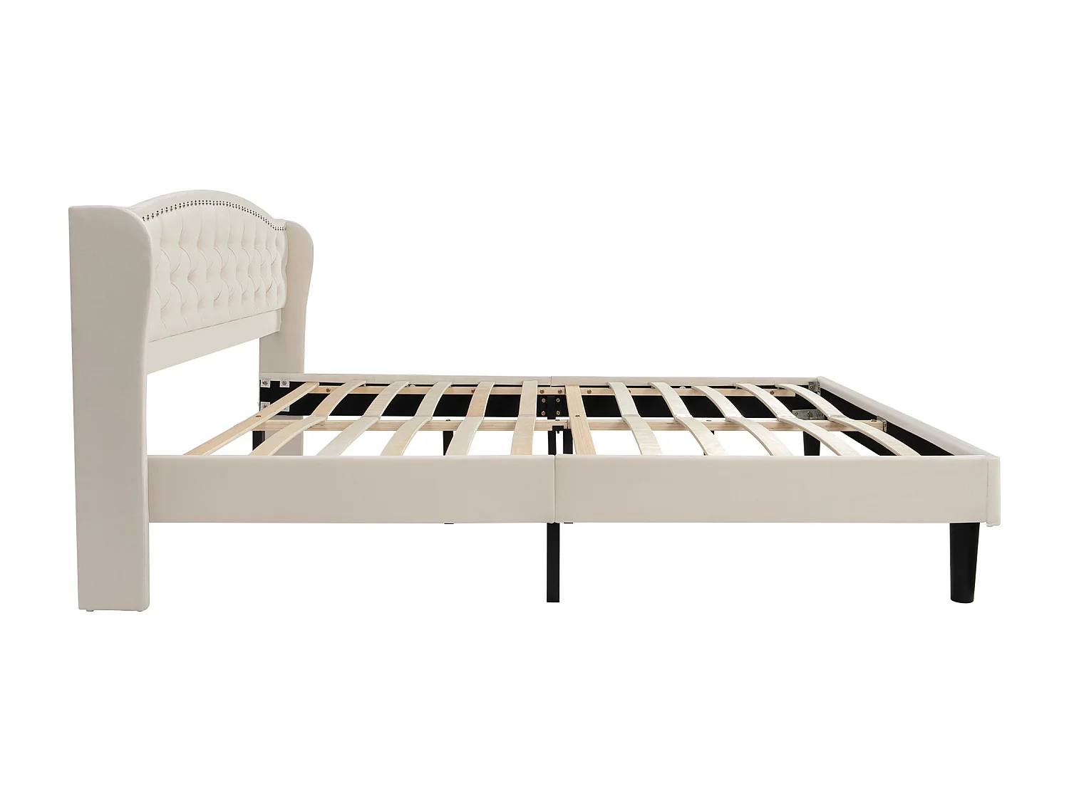 Lit en velours avec une tête de lit élégante, 160*200cm, décor boutonné et panneaux en bois solides, beige