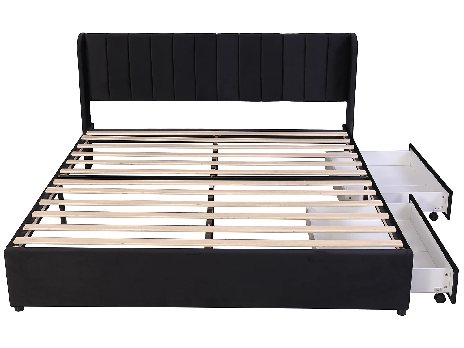 Lit 180 x 200 cm en velours avec sommier à lattes, dossier et 2 tiroirs de rangement - noir