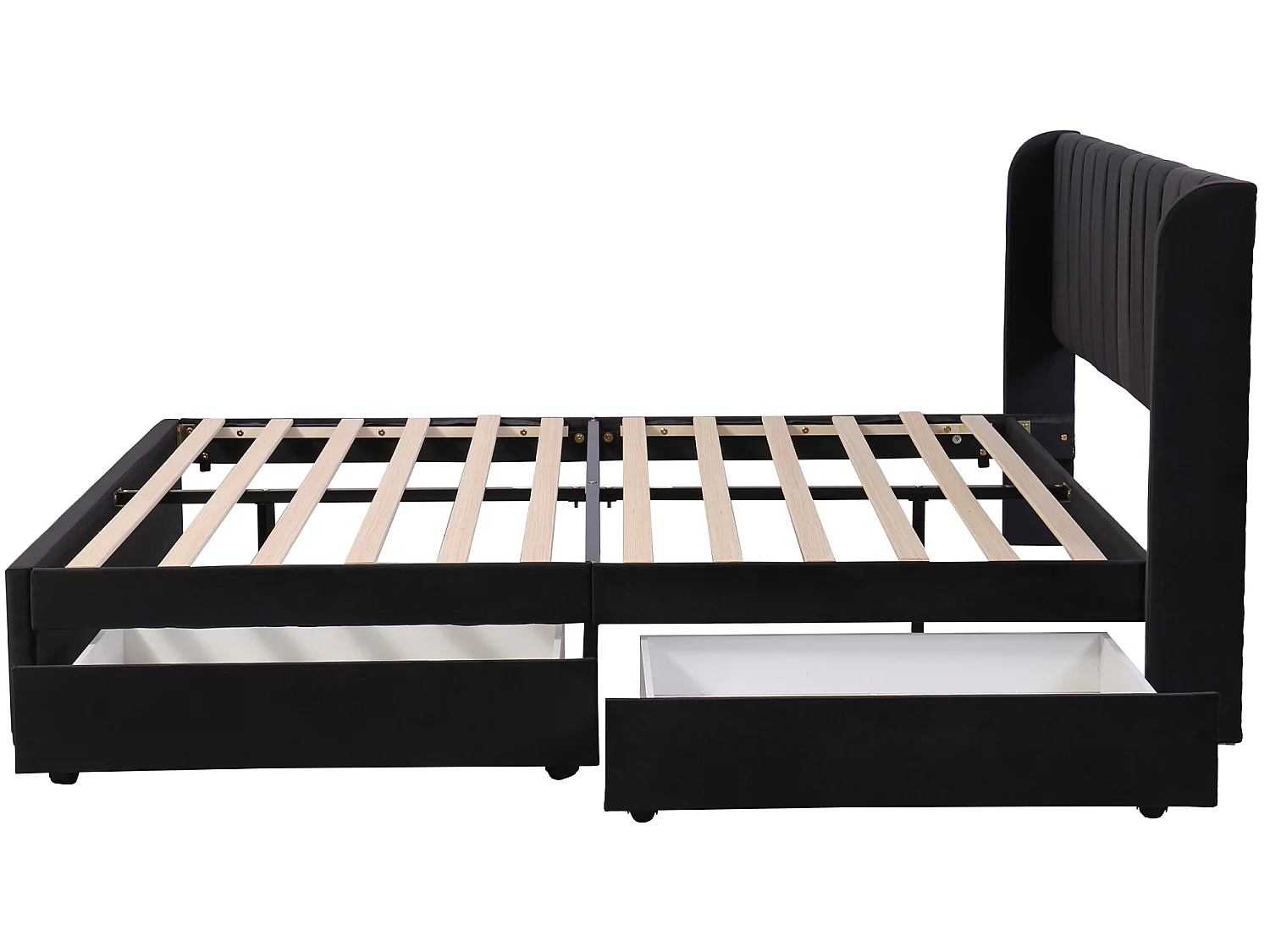 Lit 180 x 200 cm en velours avec sommier à lattes, dossier et 2 tiroirs de rangement - noir