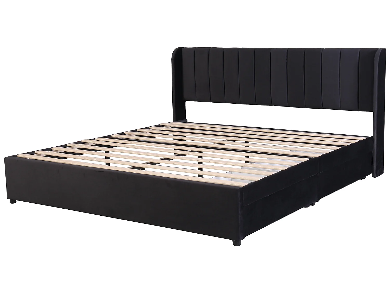Lit 180 x 200 cm en velours avec sommier à lattes, dossier et 2 tiroirs de rangement - noir