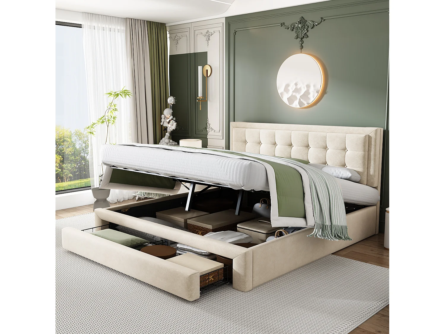 Letto con contenitore e cassettiera, rivestimento in velluto, 180 x 200, beige