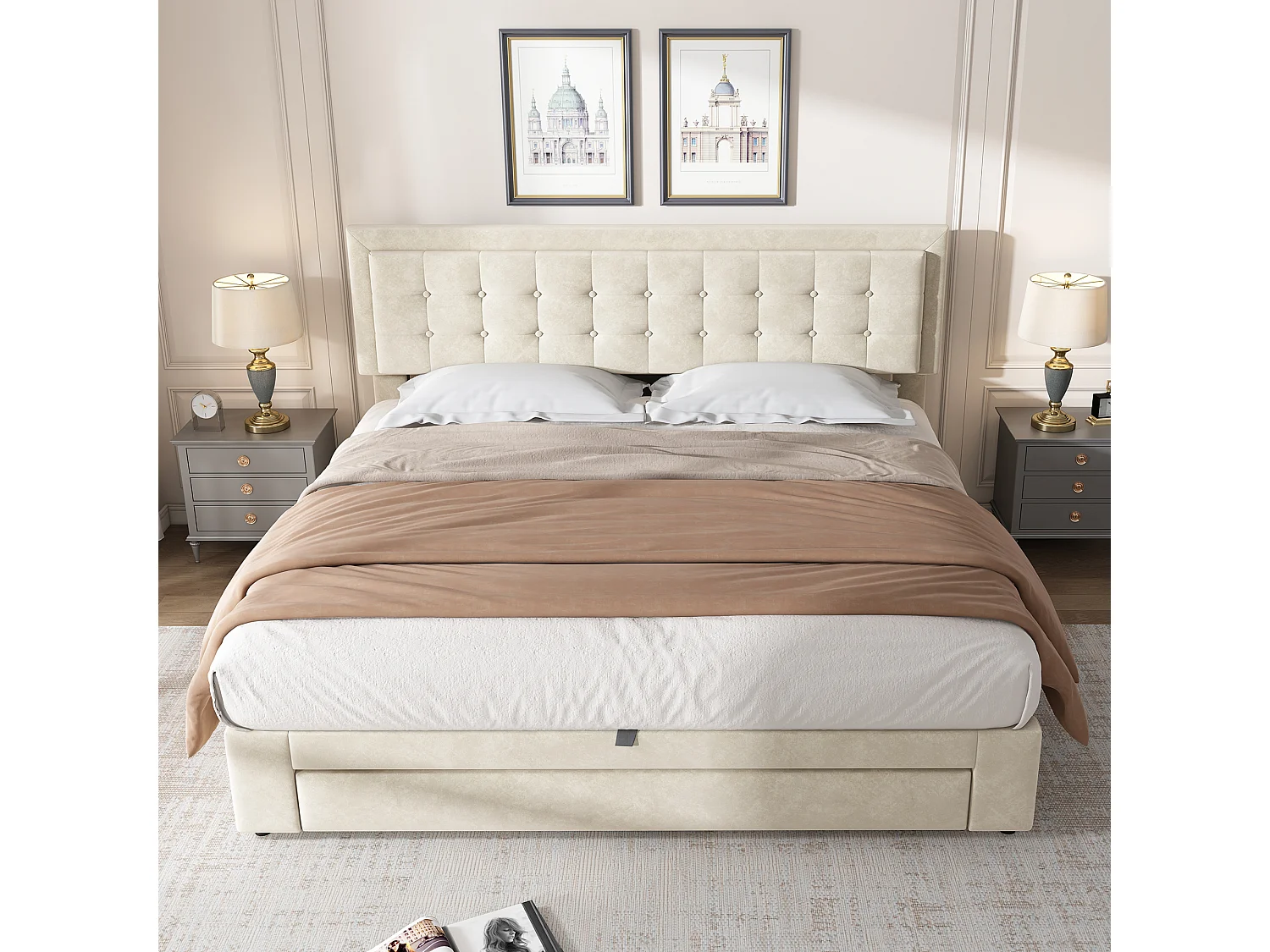 Letto con contenitore e cassettiera, rivestimento in velluto, 180 x 200, beige