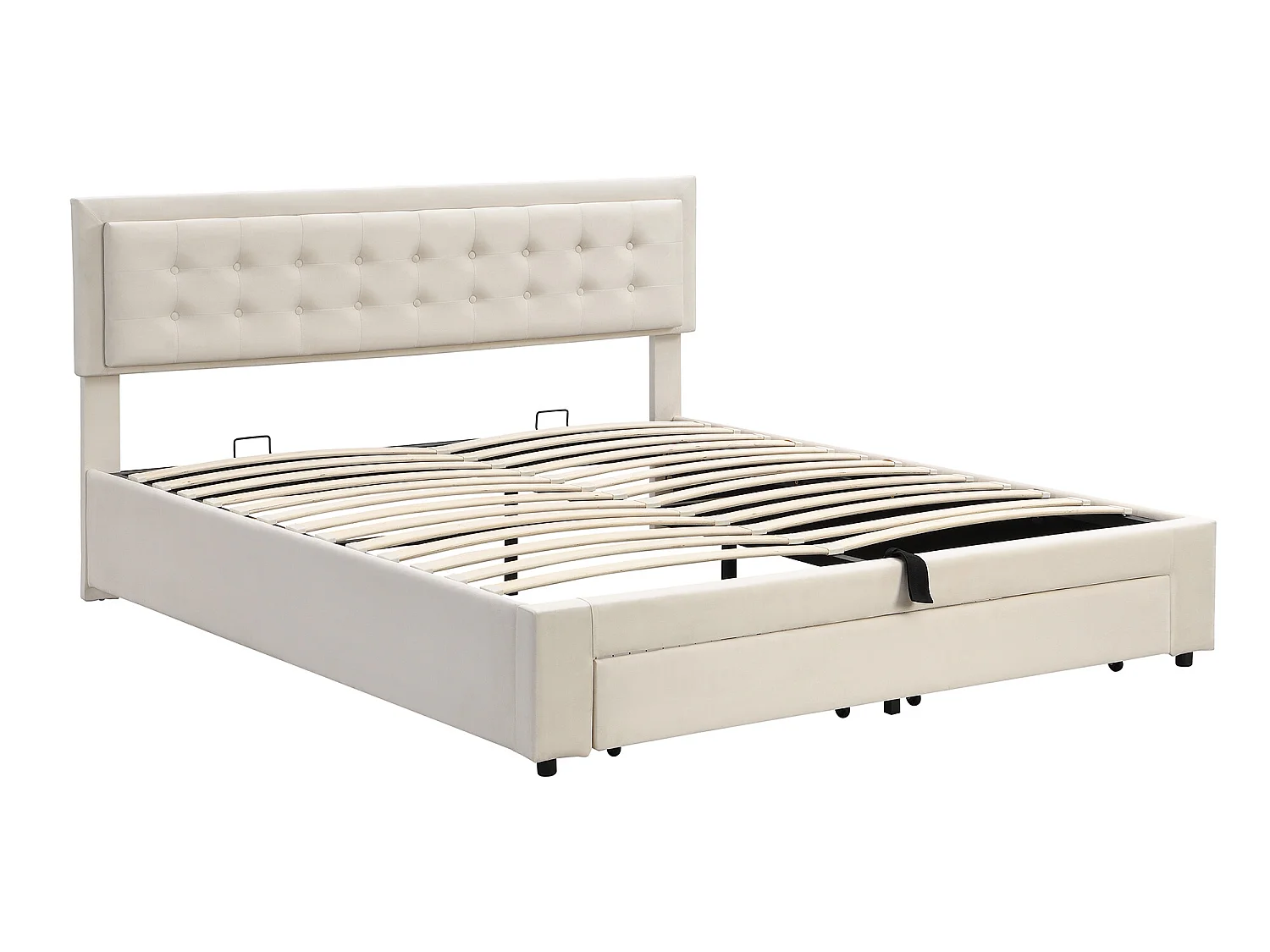 Letto con contenitore e cassettiera, rivestimento in velluto, 180 x 200, beige