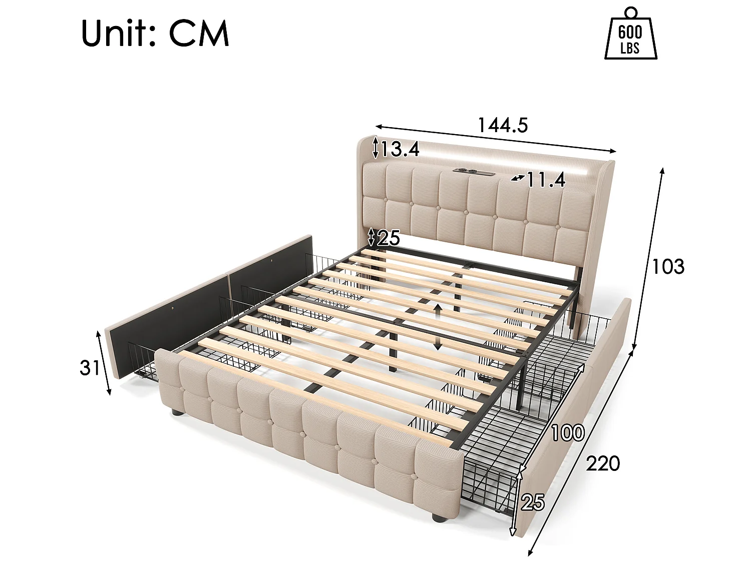 Lit de confort avec chargeur usb, éclairage led et tiroirs de rangement 140x200 cm, beige
