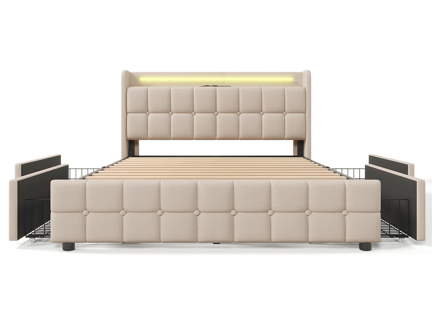 Lit de confort avec chargeur usb, éclairage led et tiroirs de rangement 140x200 cm, beige