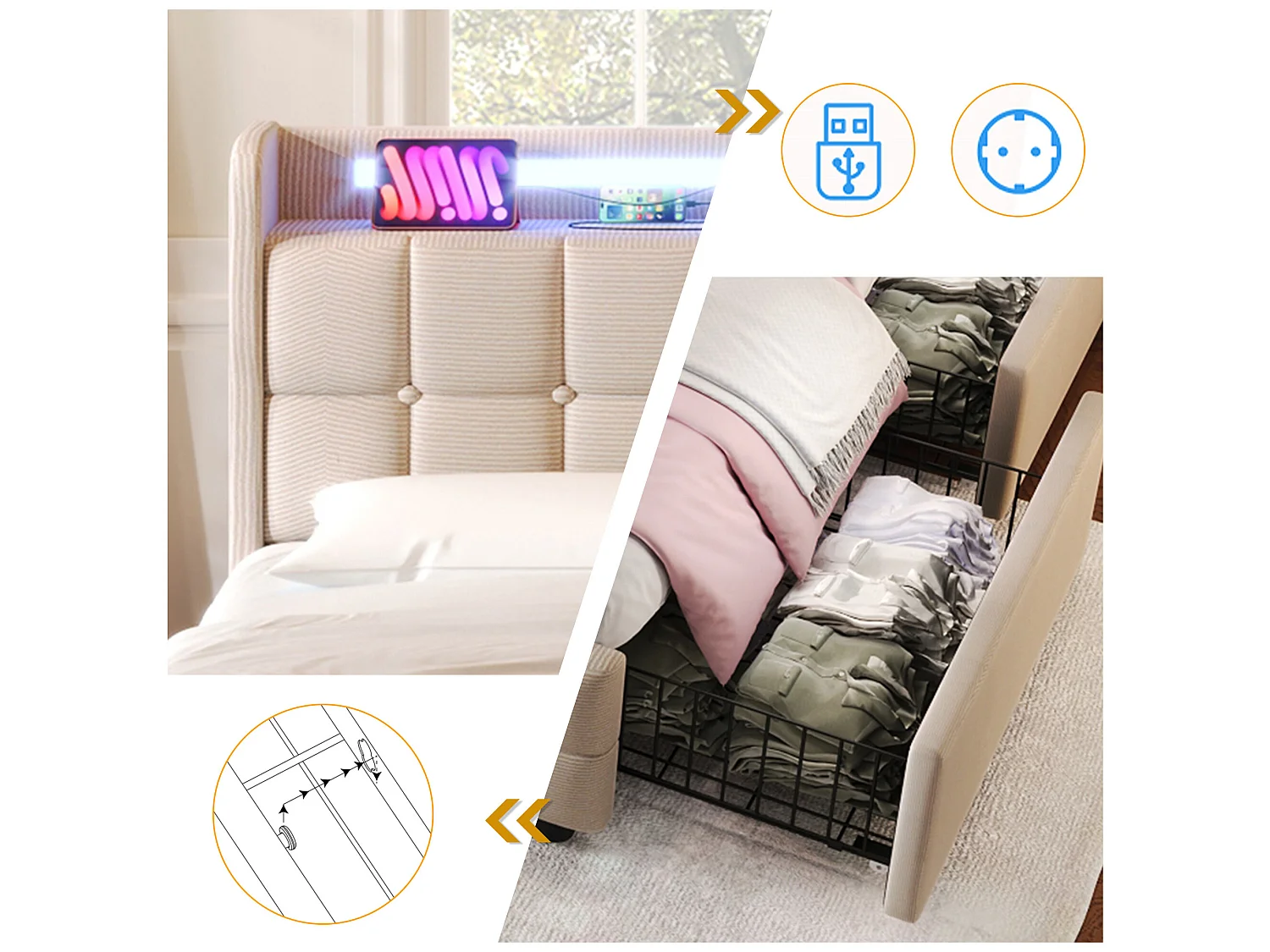 Lit de confort avec chargeur usb, éclairage led et tiroirs de rangement 140x200 cm, beige
