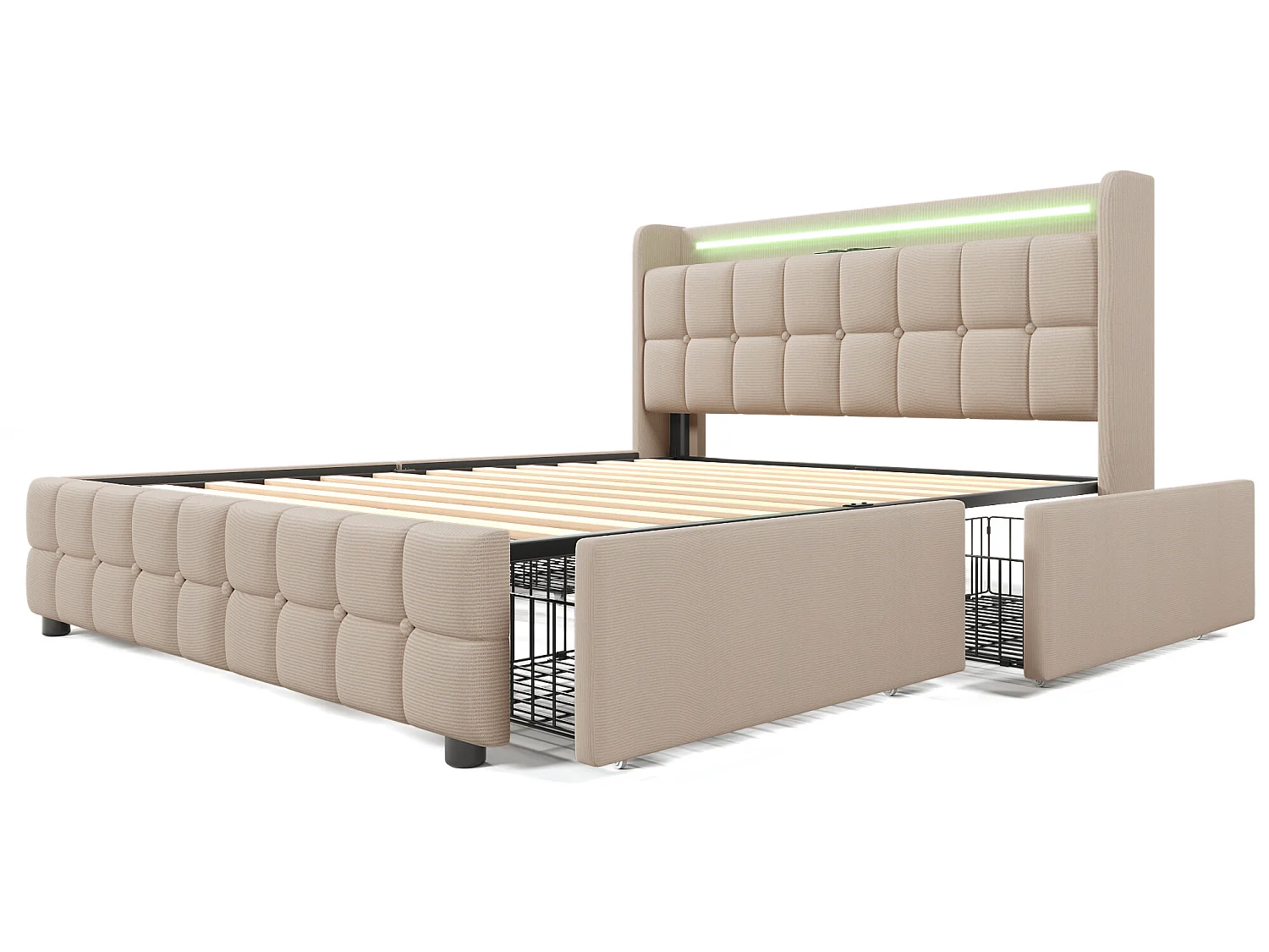 Lit de confort avec chargeur usb, éclairage led et tiroirs de rangement 140x200 cm, beige