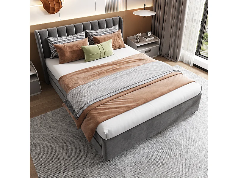 Cama doble de terciopelo con somier, respaldo y 2 cajones, gris